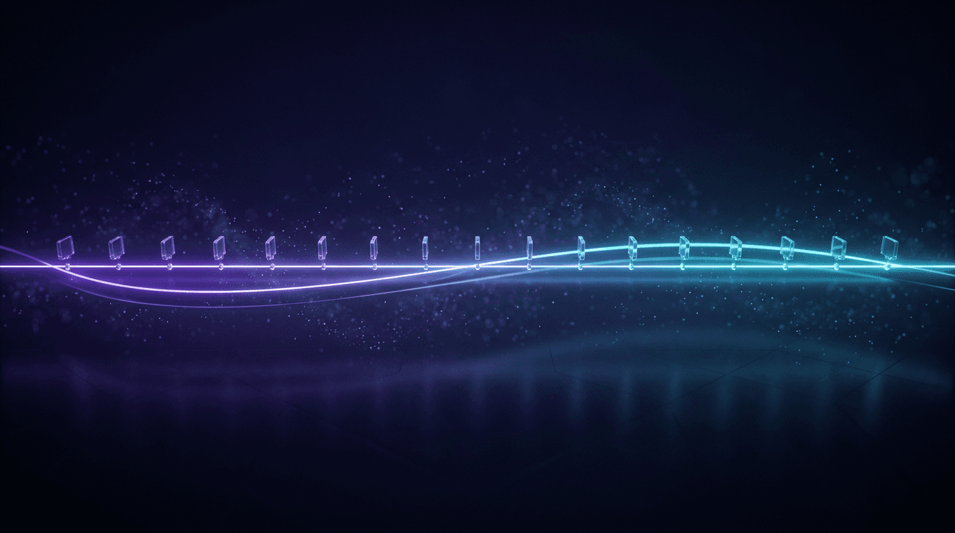 Glowing abstract timeline with glass milestones