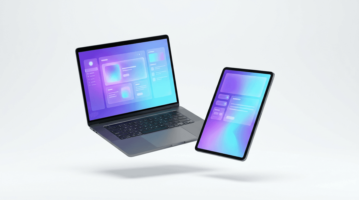 Laptop and tablet with abstract digital interface mockups
