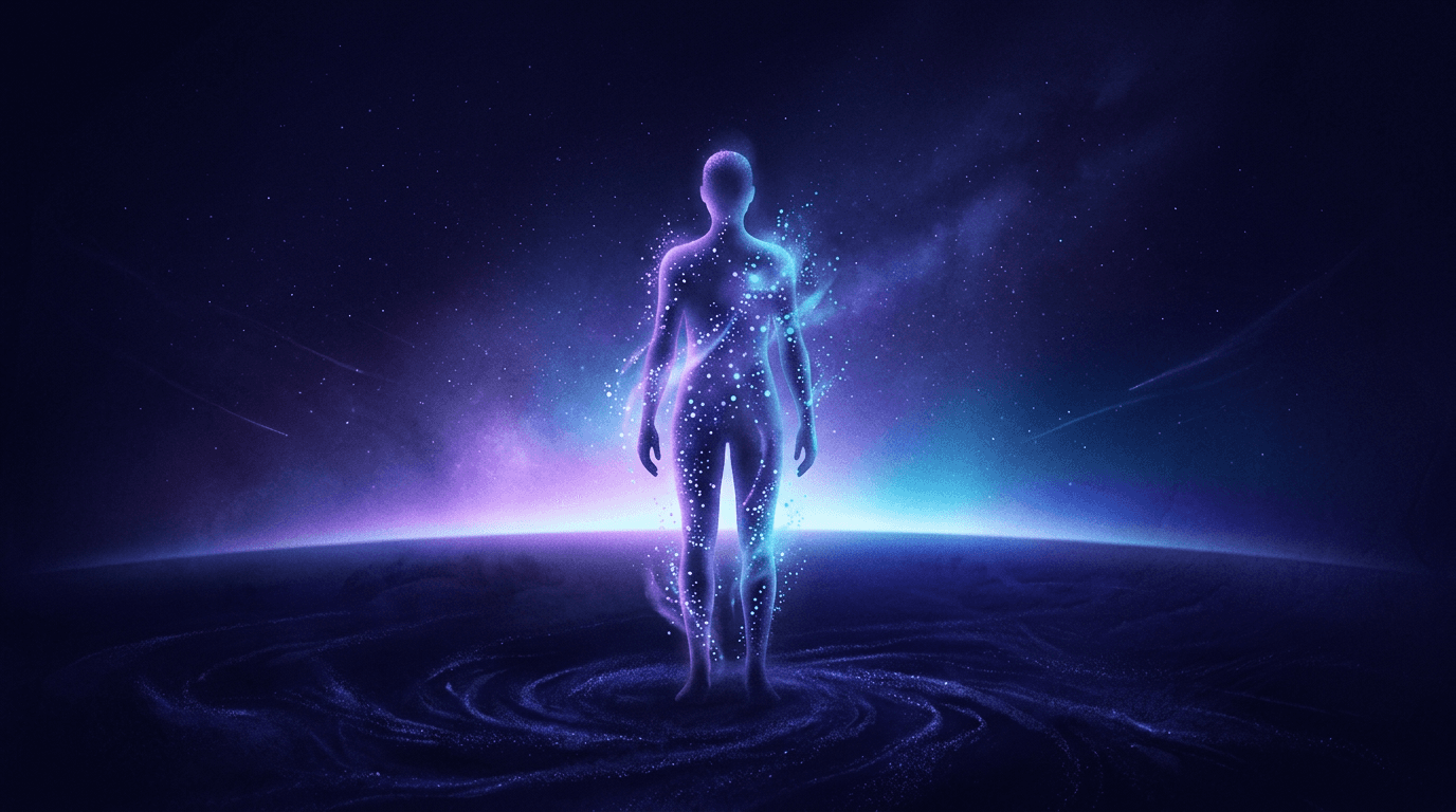 Abstract human silhouette facing a luminous horizon